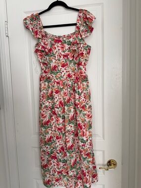 Staccato Floral Ruffle Midi Dress in Orange/Red and Green